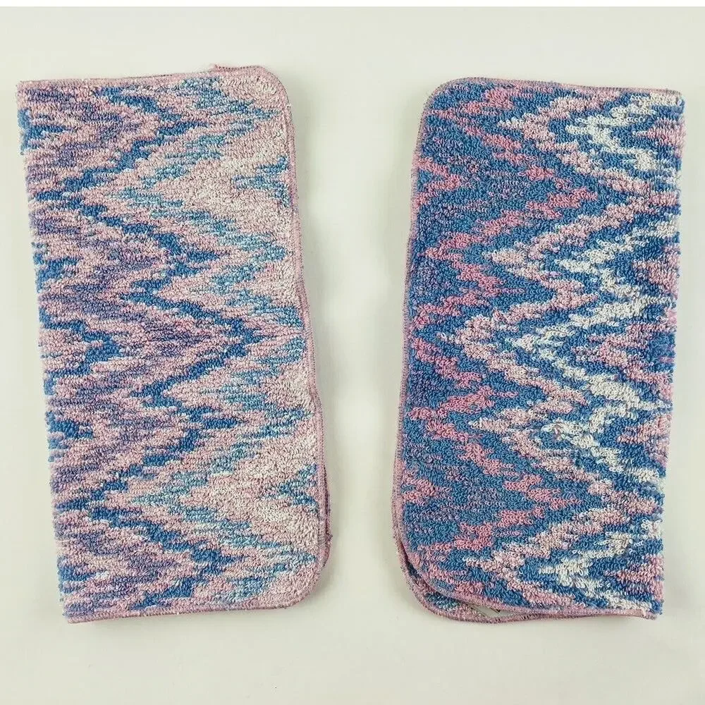 2 Vintage Royal velvet Fieldcrest washcloths rags Pastel pink blue Waves Zig zag
